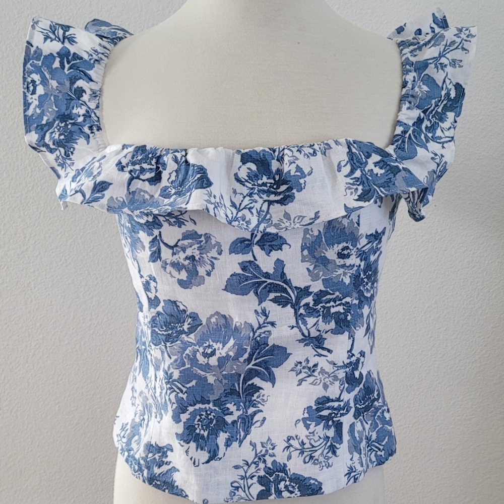 Reformation Blue and White Ruffled Sleeveless Blouse